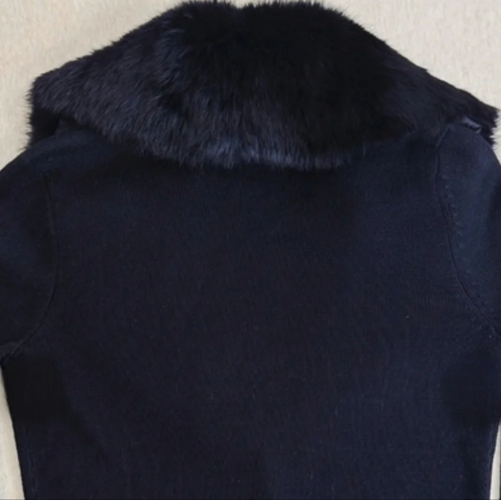 NWT Vintage NYgard Collection Black Cardigan Small Genuine Rabbit Fur Collar